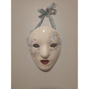 Vintage Hand-Painted Ceramic Wall Mask - Blue Floral & Lace